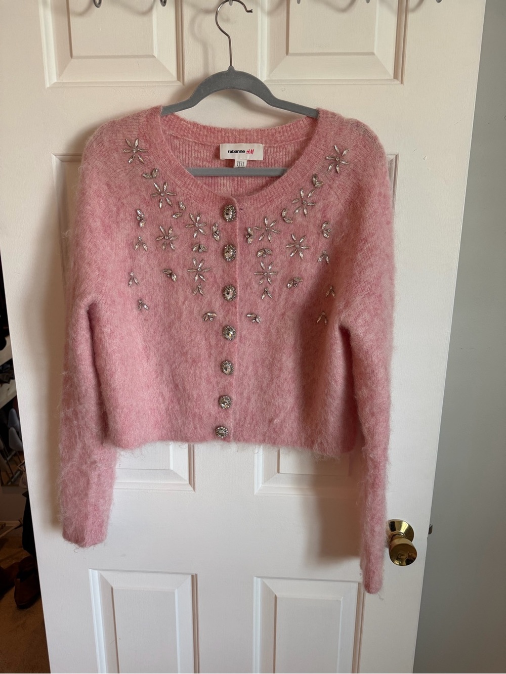 Paco Rabanne x H&M Pink Embellished Mohair Cropped Cardigan XL - Picture 2 of 9